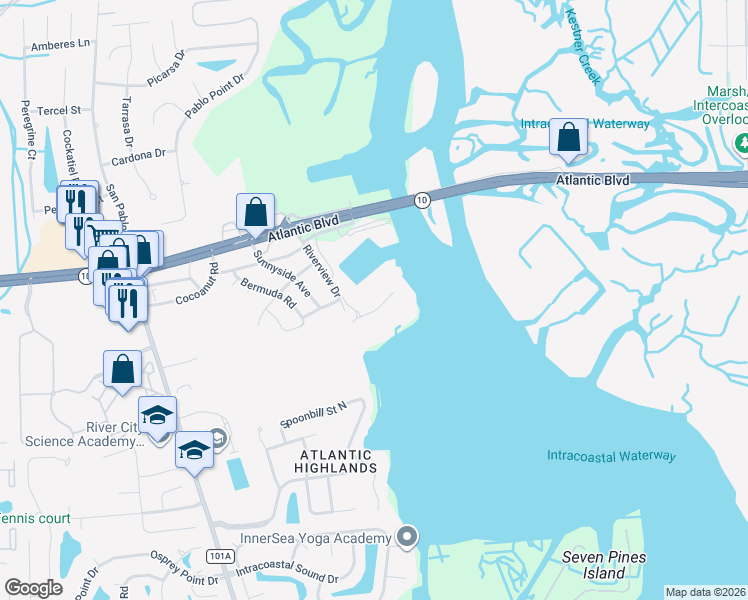 map of restaurants, bars, coffee shops, grocery stores, and more near 13846 Atlantic Boulevard in Jacksonville
