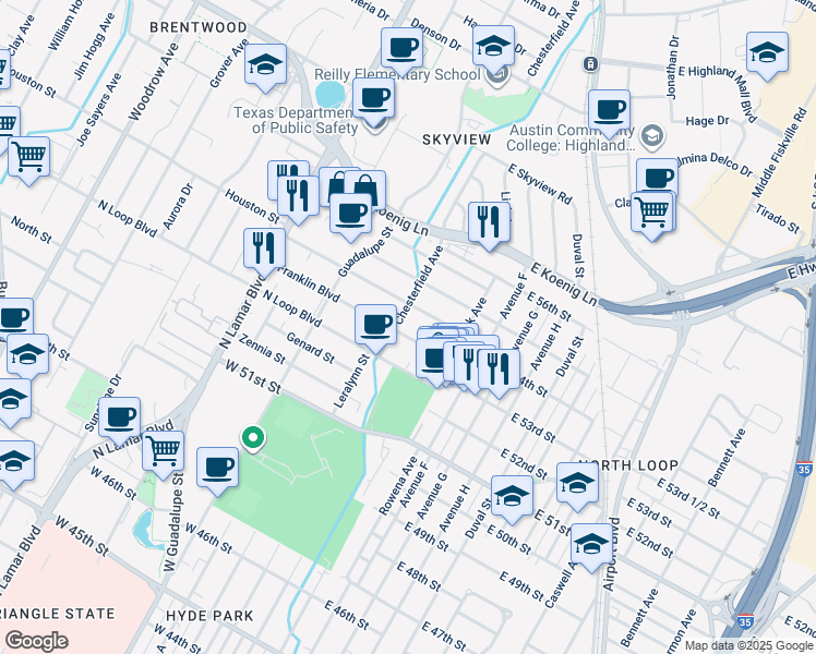 map of restaurants, bars, coffee shops, grocery stores, and more near 210 Franklin Boulevard in Austin