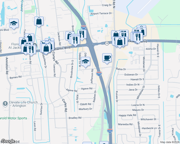 map of restaurants, bars, coffee shops, grocery stores, and more near 1808 Jefferson Road in Jacksonville