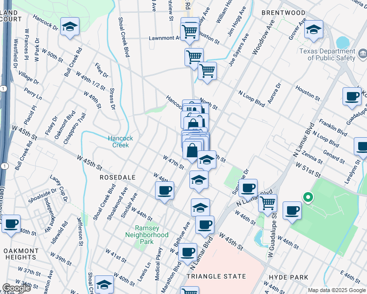 map of restaurants, bars, coffee shops, grocery stores, and more near 2117 West 49th Street in Austin