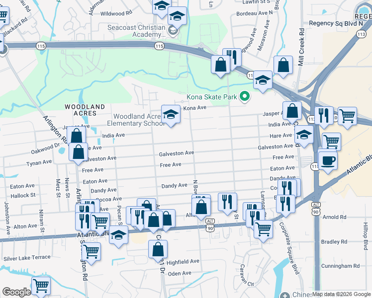 map of restaurants, bars, coffee shops, grocery stores, and more near 8326 Galveston Avenue in Jacksonville