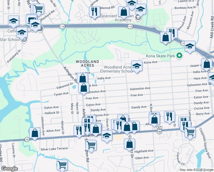 map of restaurants, bars, coffee shops, grocery stores, and more near 265 Pecan Street in Jacksonville