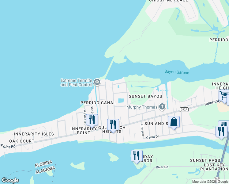 map of restaurants, bars, coffee shops, grocery stores, and more near 5530 Cruzat Way in Pensacola