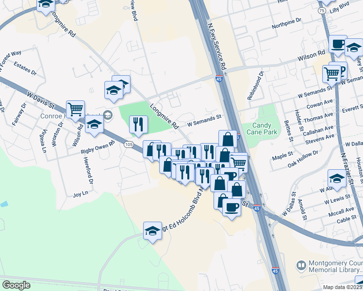 map of restaurants, bars, coffee shops, grocery stores, and more near 403 Longmire Road in Conroe