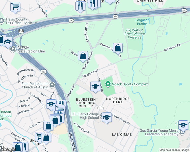 map of restaurants, bars, coffee shops, grocery stores, and more near 7800 Nightwing Road in Austin
