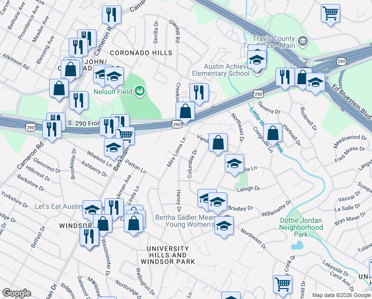 map of restaurants, bars, coffee shops, grocery stores, and more near 2100 Marquette Lane in Austin