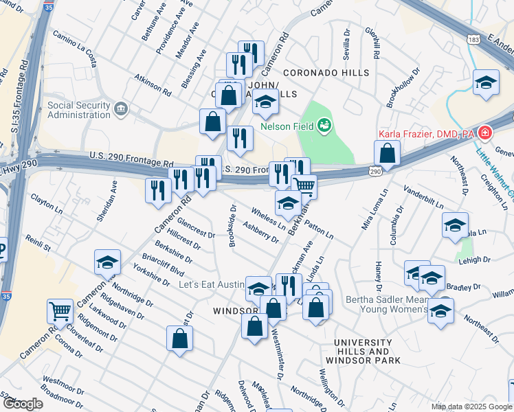 map of restaurants, bars, coffee shops, grocery stores, and more near 1514 Wheless Lane in Austin