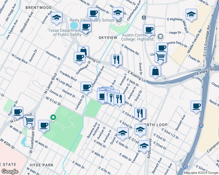 map of restaurants, bars, coffee shops, grocery stores, and more near 5406 Avenue F in Austin