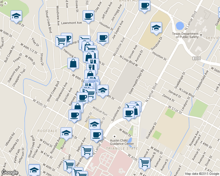 map of restaurants, bars, coffee shops, grocery stores, and more near 1201 West 49th 1/2 Street in Austin