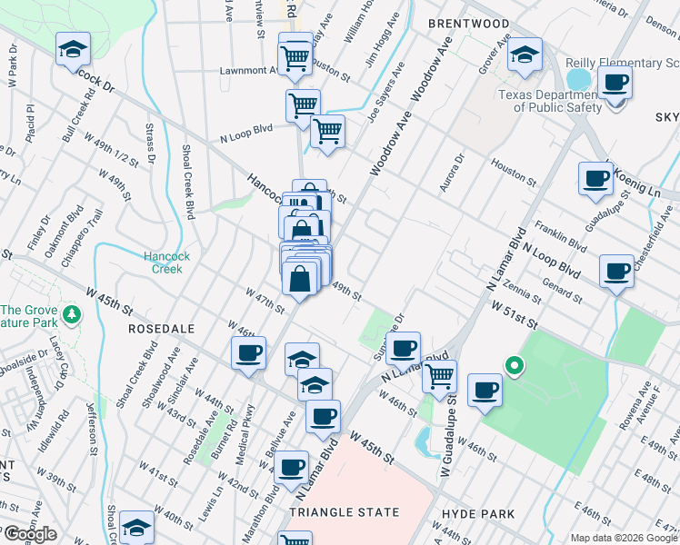map of restaurants, bars, coffee shops, grocery stores, and more near 1201 West 49th 1/2 Street in Austin