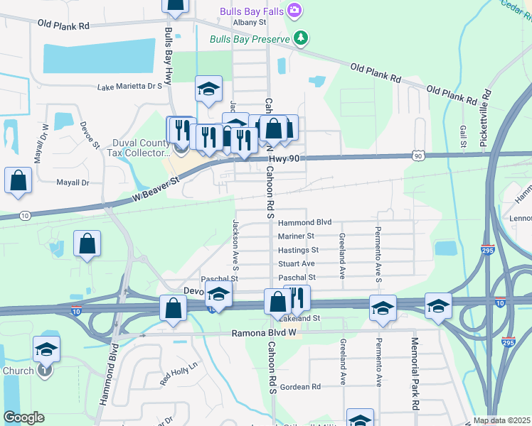 map of restaurants, bars, coffee shops, grocery stores, and more near 306 Cahoon Road South in Jacksonville