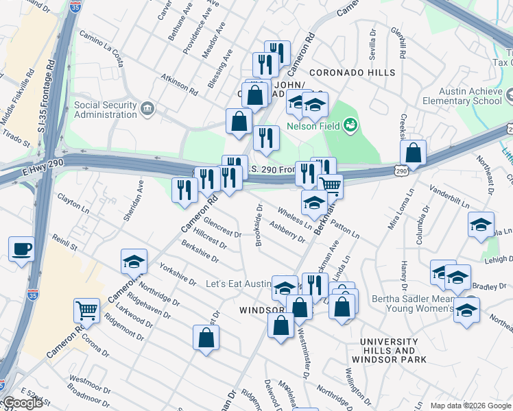 map of restaurants, bars, coffee shops, grocery stores, and more near 6303 Brookside Drive in Austin