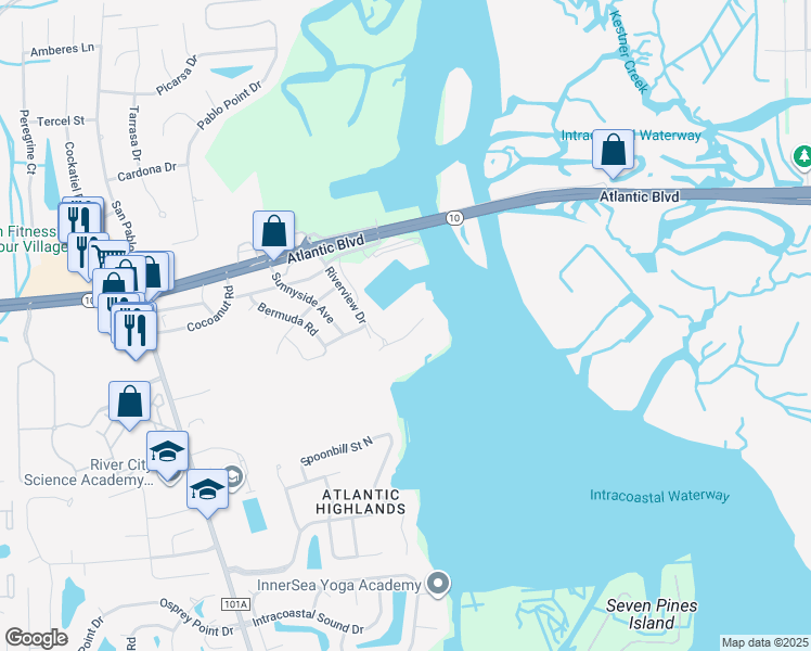 map of restaurants, bars, coffee shops, grocery stores, and more near 13846 Atlantic Boulevard in Jacksonville