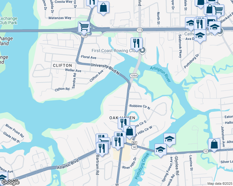 map of restaurants, bars, coffee shops, grocery stores, and more near 244 University Boulevard North in Jacksonville