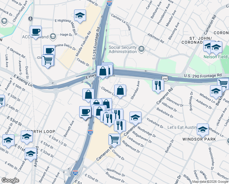 map of restaurants, bars, coffee shops, grocery stores, and more near 1026 Clayton Lane in Austin