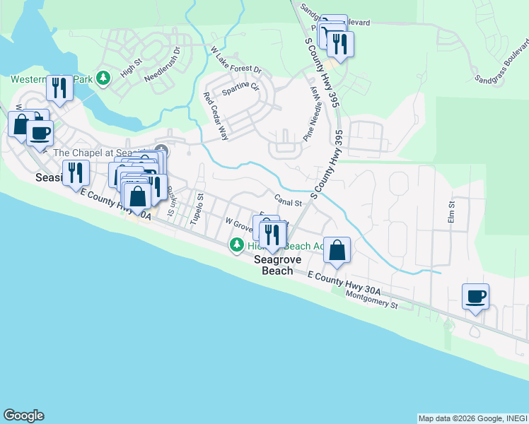 map of restaurants, bars, coffee shops, grocery stores, and more near 146 Live Oak Street in Santa Rosa Beach