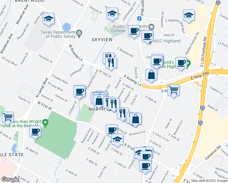 map of restaurants, bars, coffee shops, grocery stores, and more near Avenue F & East 55th Street in Austin