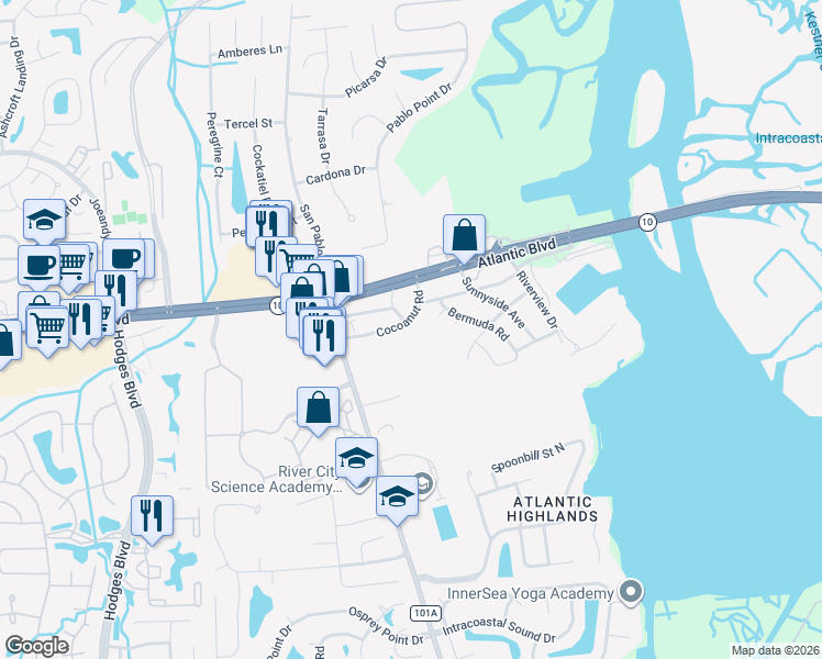 map of restaurants, bars, coffee shops, grocery stores, and more near 1661 Cocoanut Drive in Jacksonville