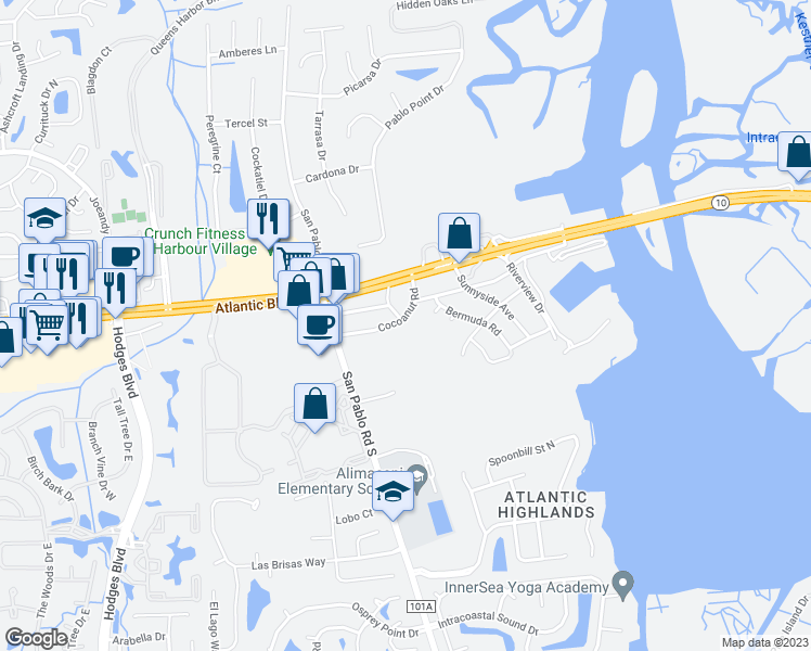 map of restaurants, bars, coffee shops, grocery stores, and more near 1661 Cocoanut Drive in Jacksonville
