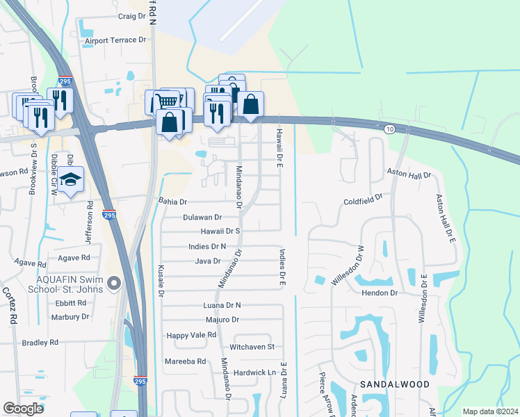 map of restaurants, bars, coffee shops, grocery stores, and more near 10944 Eniwetok Drive in Jacksonville