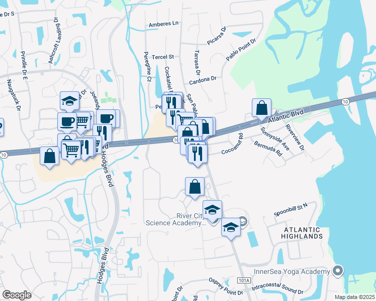 map of restaurants, bars, coffee shops, grocery stores, and more near 13474 Atlantic Boulevard in Jacksonville