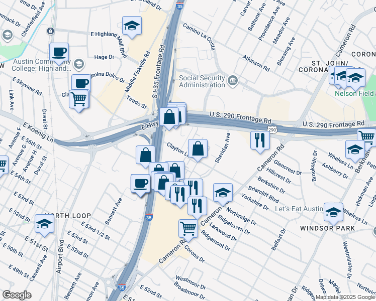 map of restaurants, bars, coffee shops, grocery stores, and more near 1026 Clayton Lane in Austin