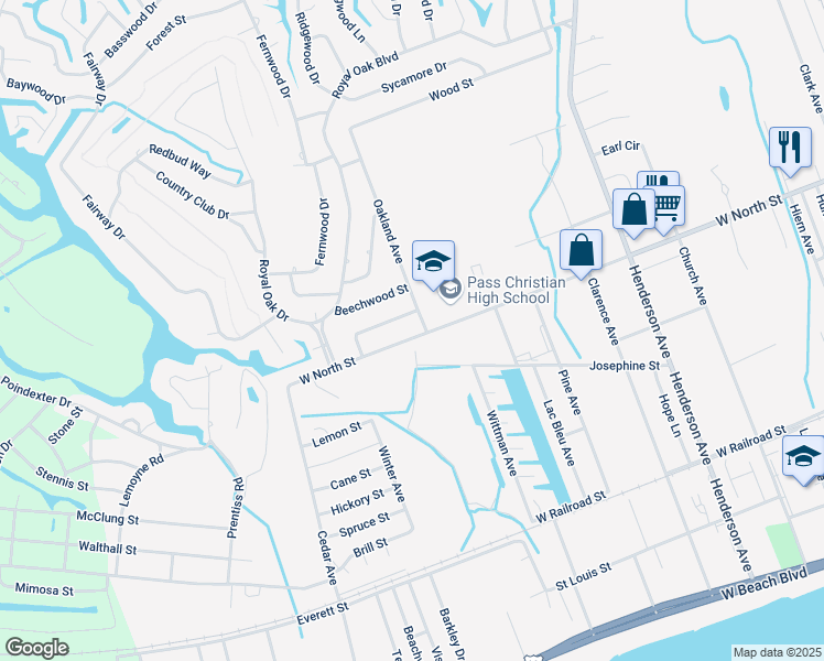 map of restaurants, bars, coffee shops, grocery stores, and more near 800-898 W North St in Pass Christian