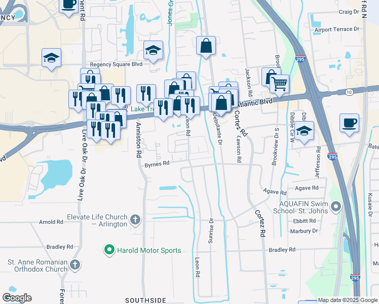 map of restaurants, bars, coffee shops, grocery stores, and more near 1755 Leon Road in Jacksonville