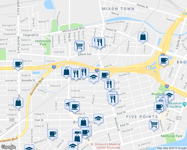 map of restaurants, bars, coffee shops, grocery stores, and more near 2603 Rosselle Street in Jacksonville