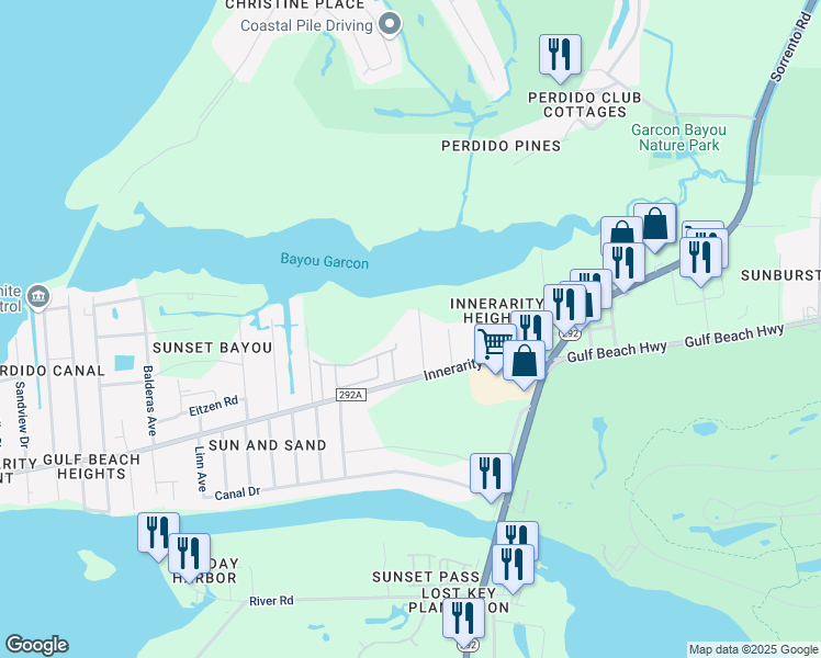 map of restaurants, bars, coffee shops, grocery stores, and more near 5500 Custer Drive in Pensacola