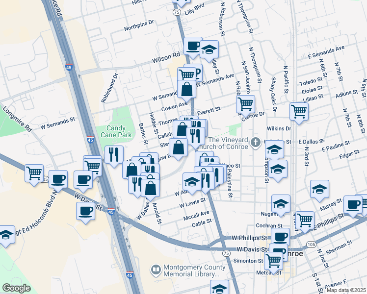 map of restaurants, bars, coffee shops, grocery stores, and more near 110 Oak Hollow Street in Conroe