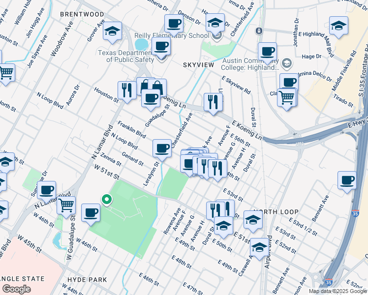 map of restaurants, bars, coffee shops, grocery stores, and more near 109 Nelray Boulevard in Austin