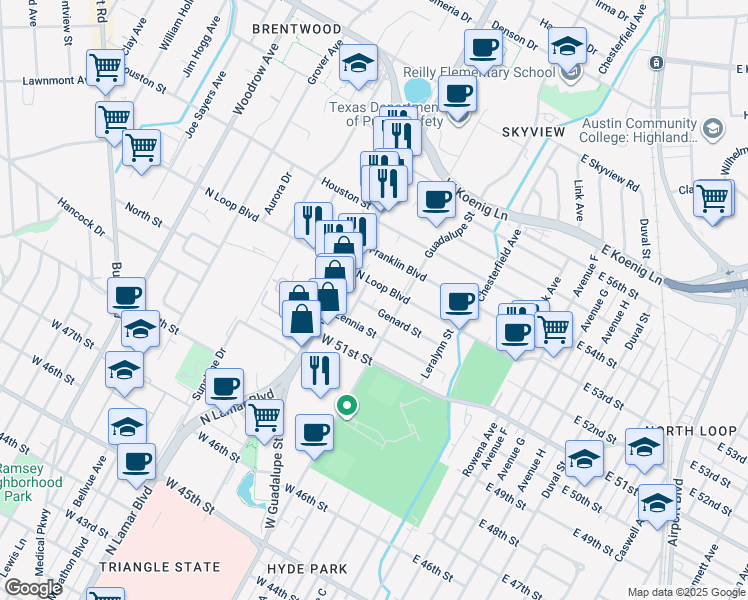 map of restaurants, bars, coffee shops, grocery stores, and more near 602 Genard Street in Austin