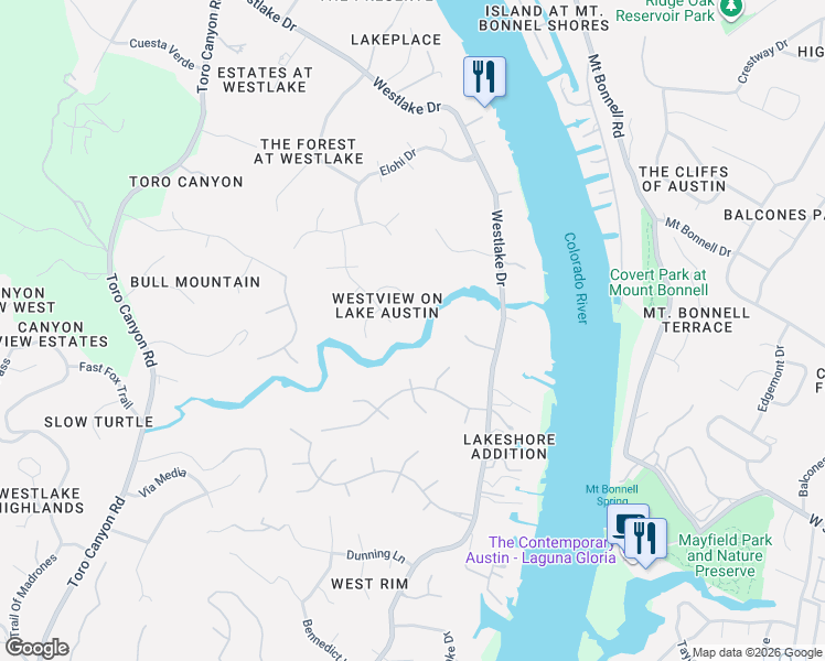 map of restaurants, bars, coffee shops, grocery stores, and more near 3204 Three Rivers Drive in Austin