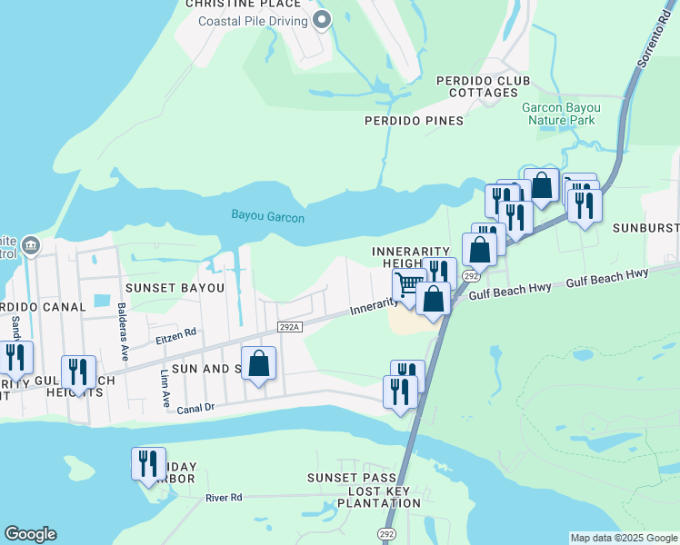 map of restaurants, bars, coffee shops, grocery stores, and more near 5500 Custer Drive in Pensacola