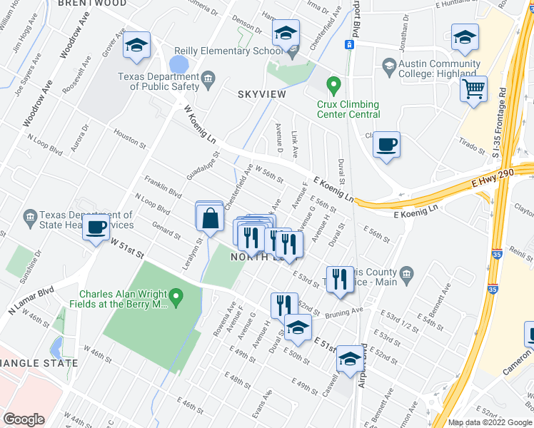 map of restaurants, bars, coffee shops, grocery stores, and more near 5412 Link Avenue in Austin