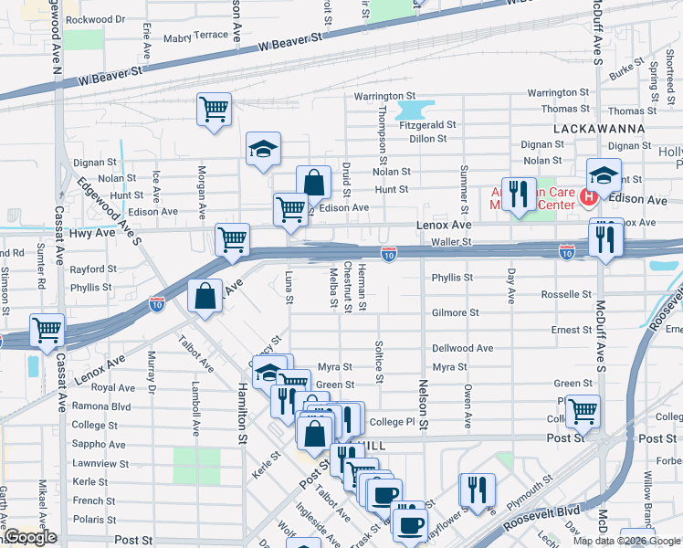 map of restaurants, bars, coffee shops, grocery stores, and more near 653 Chestnut Street in Jacksonville