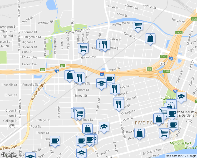 map of restaurants, bars, coffee shops, grocery stores, and more near 2603 Rosselle Street in Jacksonville