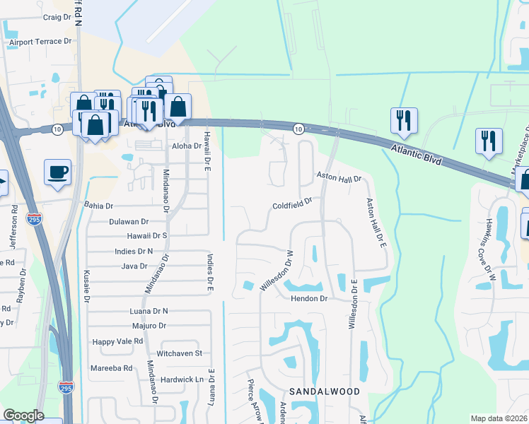 map of restaurants, bars, coffee shops, grocery stores, and more near 11124 Coldfield Drive in Jacksonville