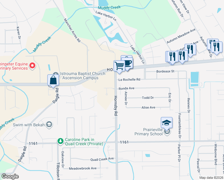 map of restaurants, bars, coffee shops, grocery stores, and more near 17222 Louisiana 929 in Prairieville