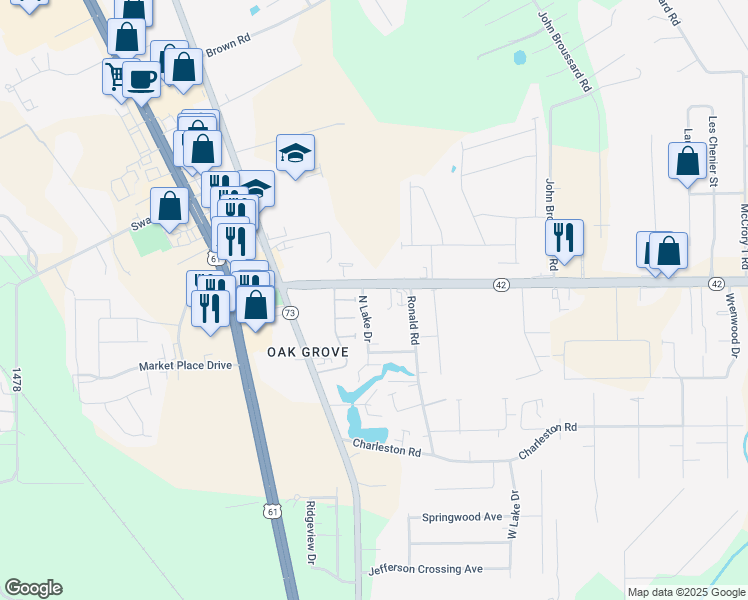 map of restaurants, bars, coffee shops, grocery stores, and more near 38127 Louisiana 42 in Prairieville