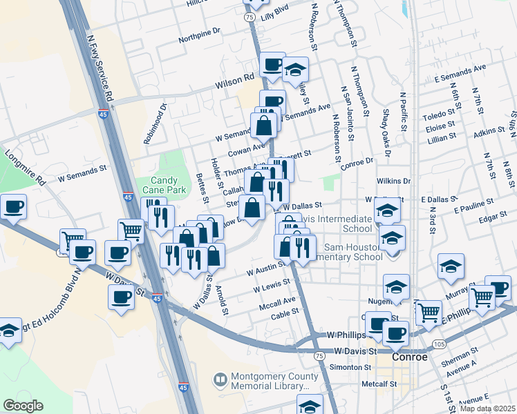 map of restaurants, bars, coffee shops, grocery stores, and more near 110 Oak Hollow Street in Conroe