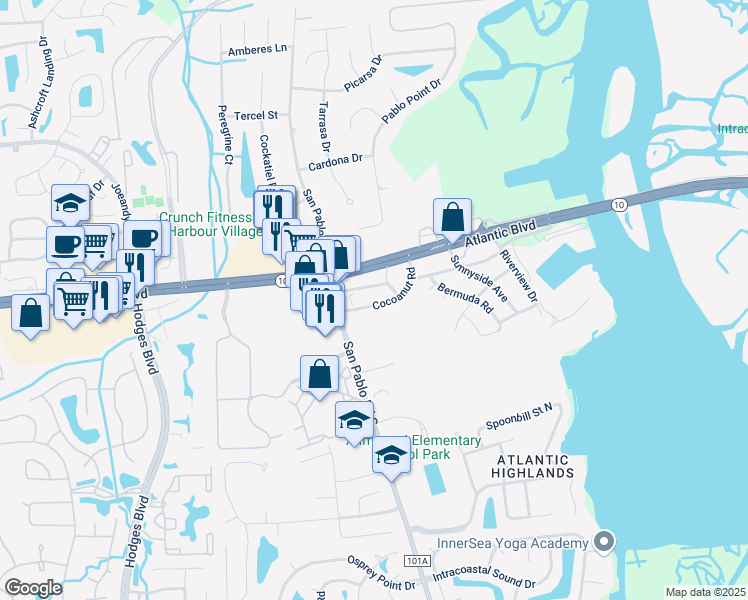map of restaurants, bars, coffee shops, grocery stores, and more near 13579 Cocoanut Road in Jacksonville