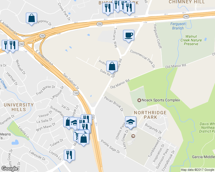 map of restaurants, bars, coffee shops, grocery stores, and more near Manor Rd & Old Manor Rd in Austin