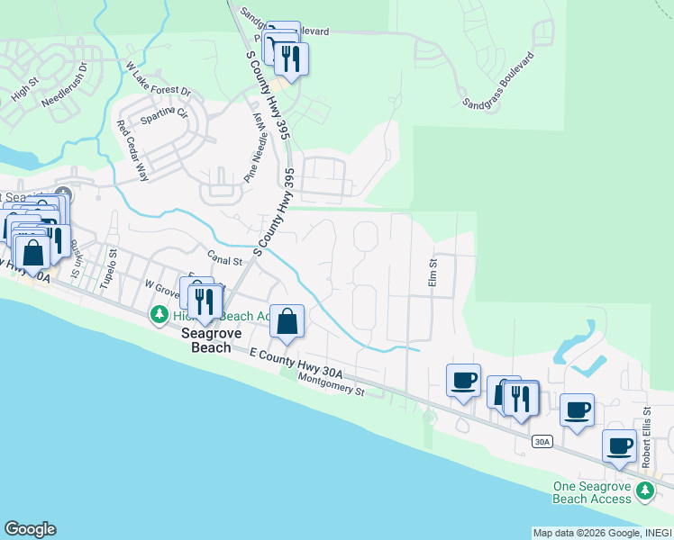 map of restaurants, bars, coffee shops, grocery stores, and more near 282 Wood Beach Drive in Santa Rosa Beach
