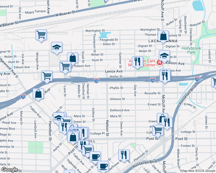map of restaurants, bars, coffee shops, grocery stores, and more near 3359 Phyllis Street in Jacksonville