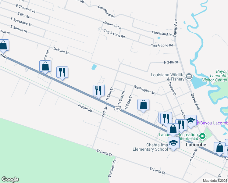 map of restaurants, bars, coffee shops, grocery stores, and more near 61050 North 24th Street in Lacombe