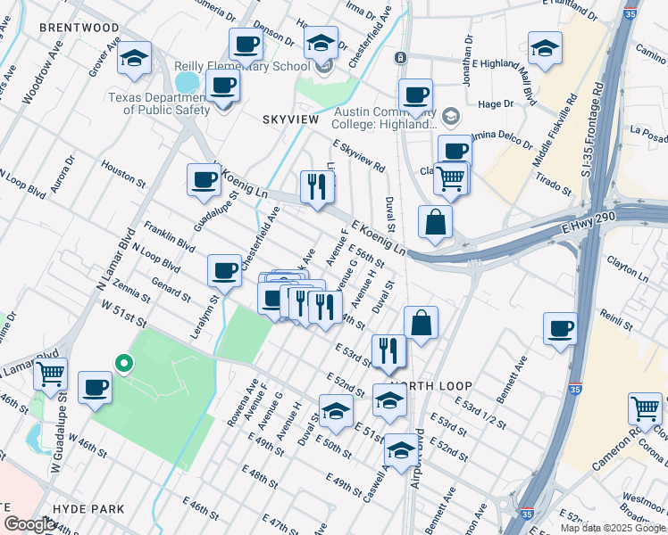 map of restaurants, bars, coffee shops, grocery stores, and more near 5414 Avenue G in Austin
