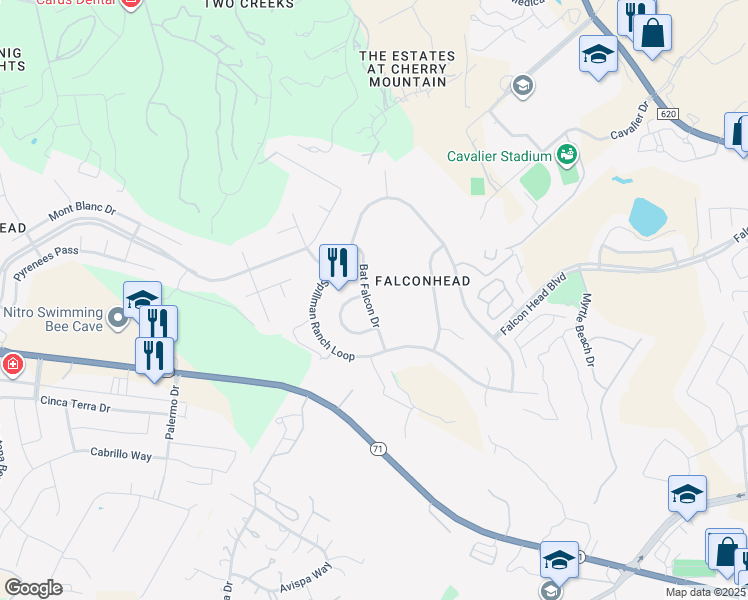 map of restaurants, bars, coffee shops, grocery stores, and more near 4505 Bat Falcon Drive in Austin