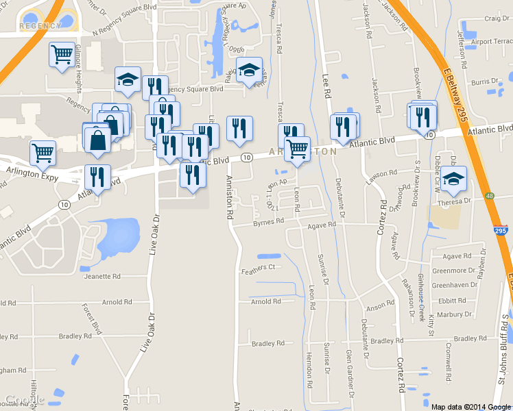 map of restaurants, bars, coffee shops, grocery stores, and more near 1721 Anniston Road in Jacksonville